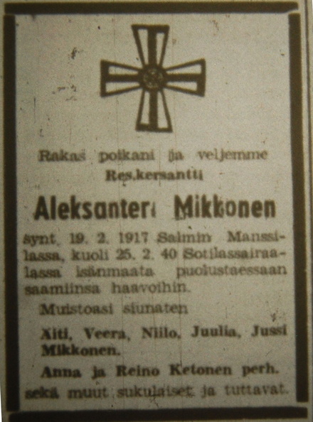 Aleksanteri Ivanov Mikkonen 1917-1940 kuolinilmoitus Laatokka 1940.jpg