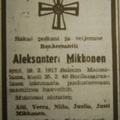 Aleksanteri Ivanov Mikkonen 1917-1940 kuolinilmoitus Laatokka 1940