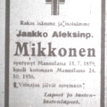 Jakov Mikkosen kuolinilmoitus Laatokka 29.10.1936